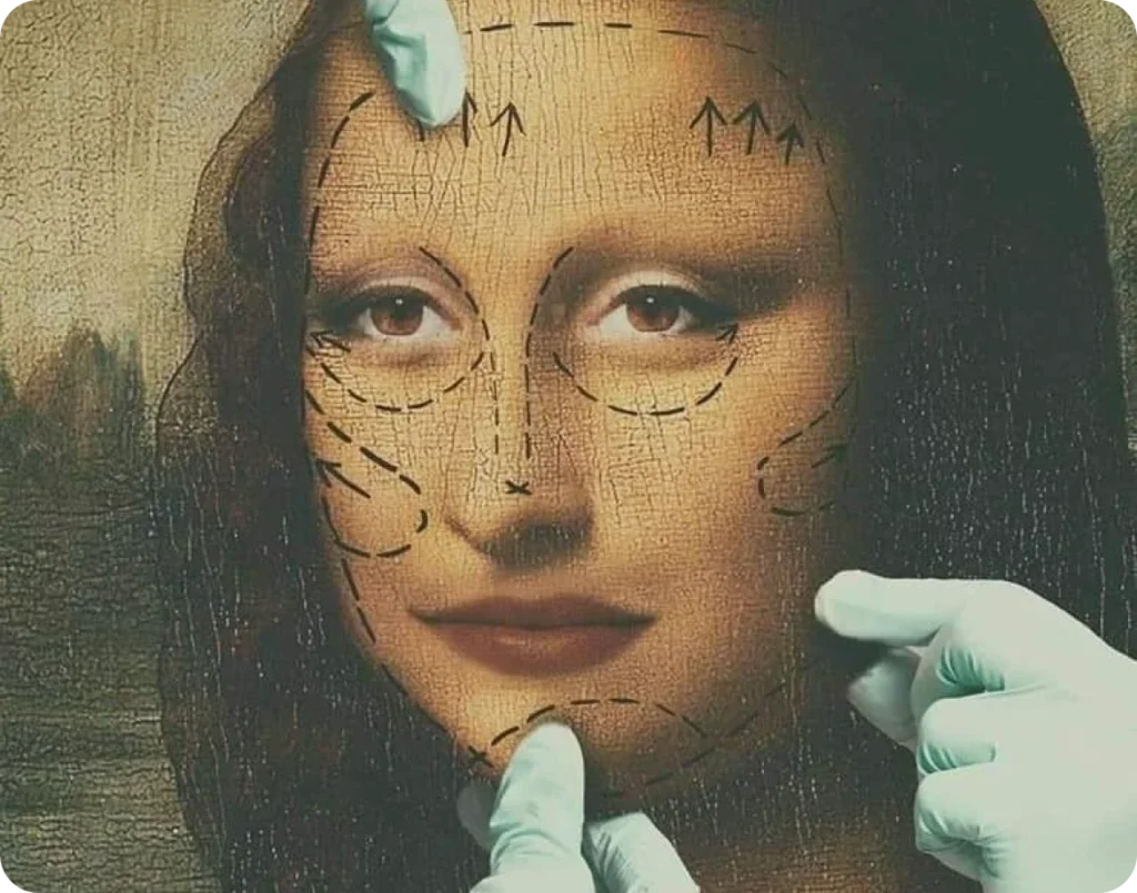 La Joconde revisitée avec un marquage chirurgical du visage, illustration du lifting du visage – Clinique de l'Impératrice