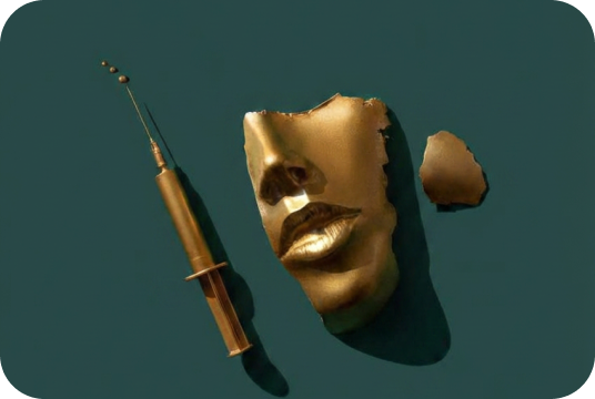 Masque doré et seringue, concept de médecine esthétique et d'injections – Clinique de l'Impératrice, Rennes