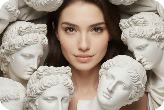 Visage de femme entouré de bustes antiques, concept beauté et esthétique – Clinique de l'Impératrice, Rennes